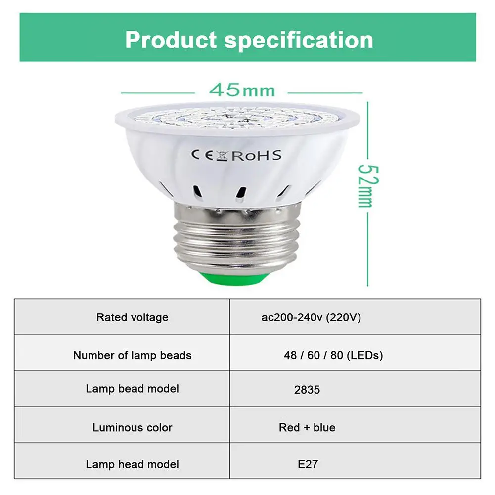 LED Grow Full Spectrum Bulb E27 220V 48/60/80beads serra lampada idroponica Grow Light per pianta da interno Phyto Flower Lamp