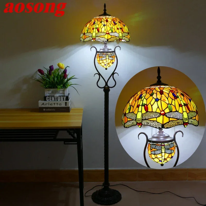 AOSONG Tiffany Floor Lamp American Retro Living Room Bedroom Lamp Country  Stained Glass Floor Lamp