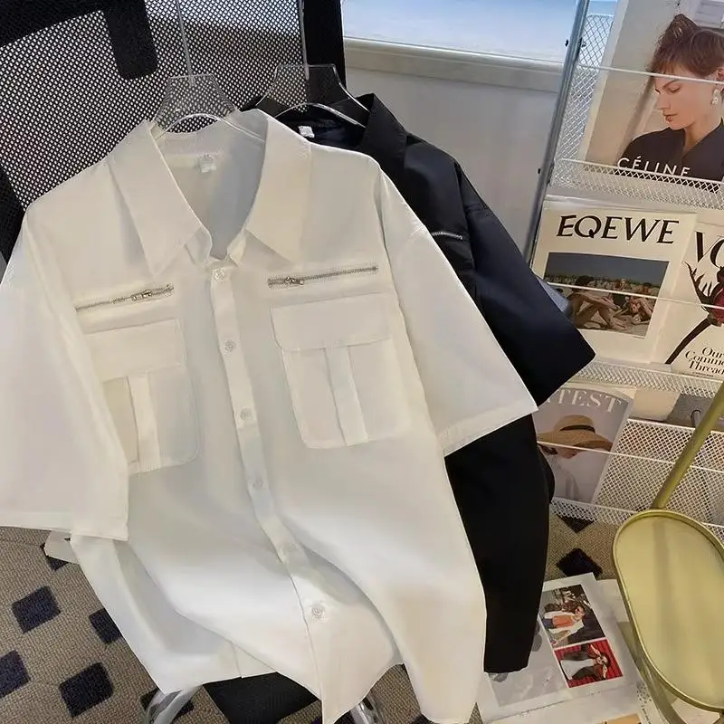 

Белая футболка оверсайз с отложным воротником в американском стиле, весна-лето, свободный крой, молодежная мода