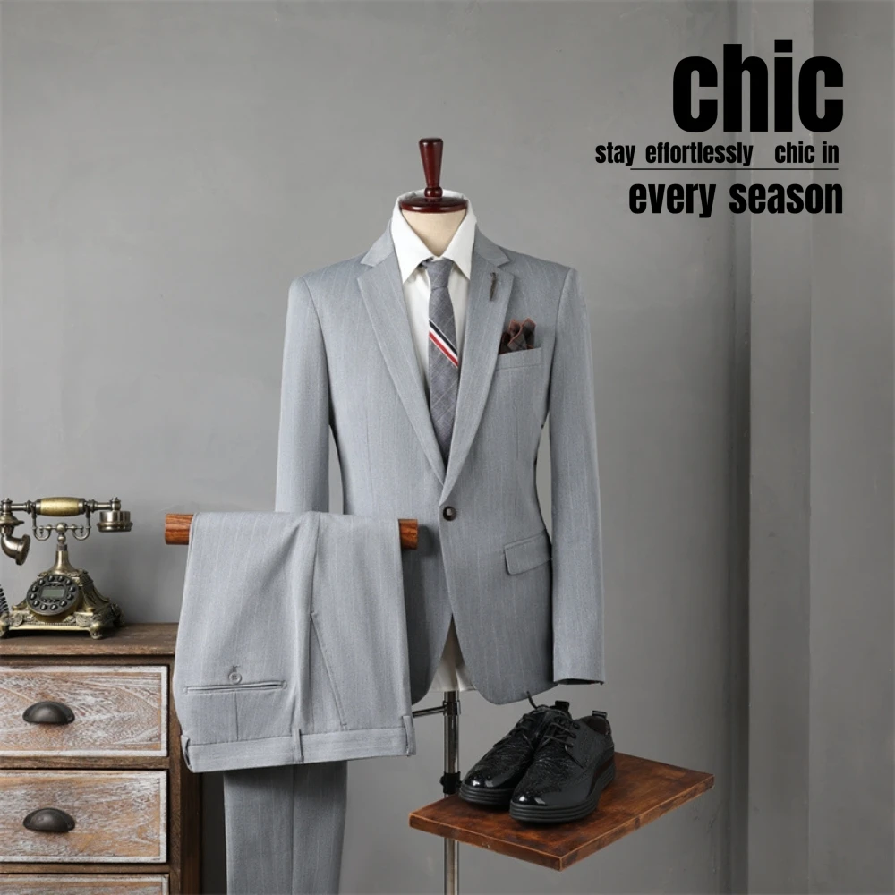 Decent Slim Men's Suit Casual Jacket Pants 2-pieces Mature Set Office Business Tuxedo Stylish Groom Wear Formal Party Outfit