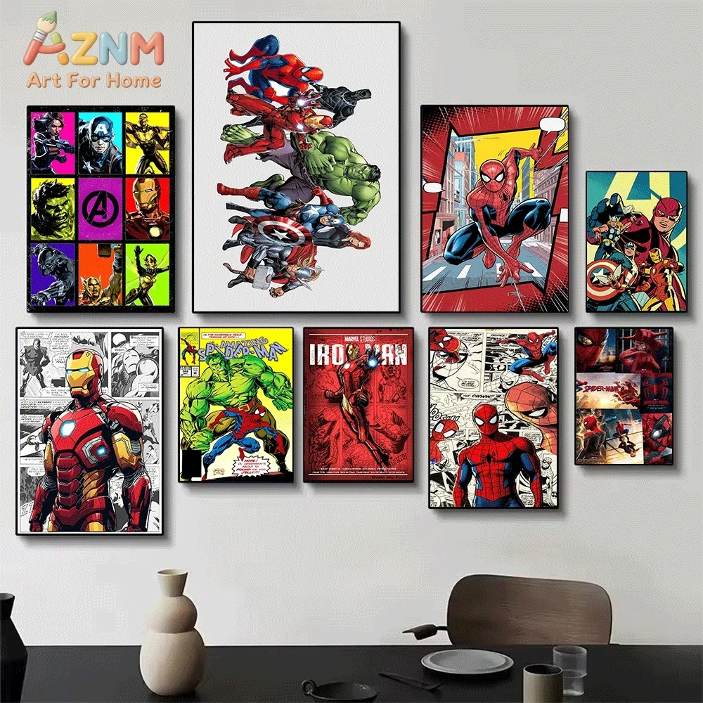 Avengers Marvel Superhero Canvas Wall Art Captain America Iron Man Hulk Spider‑Man Retro Comic Unframed Canvas Print for Boys B