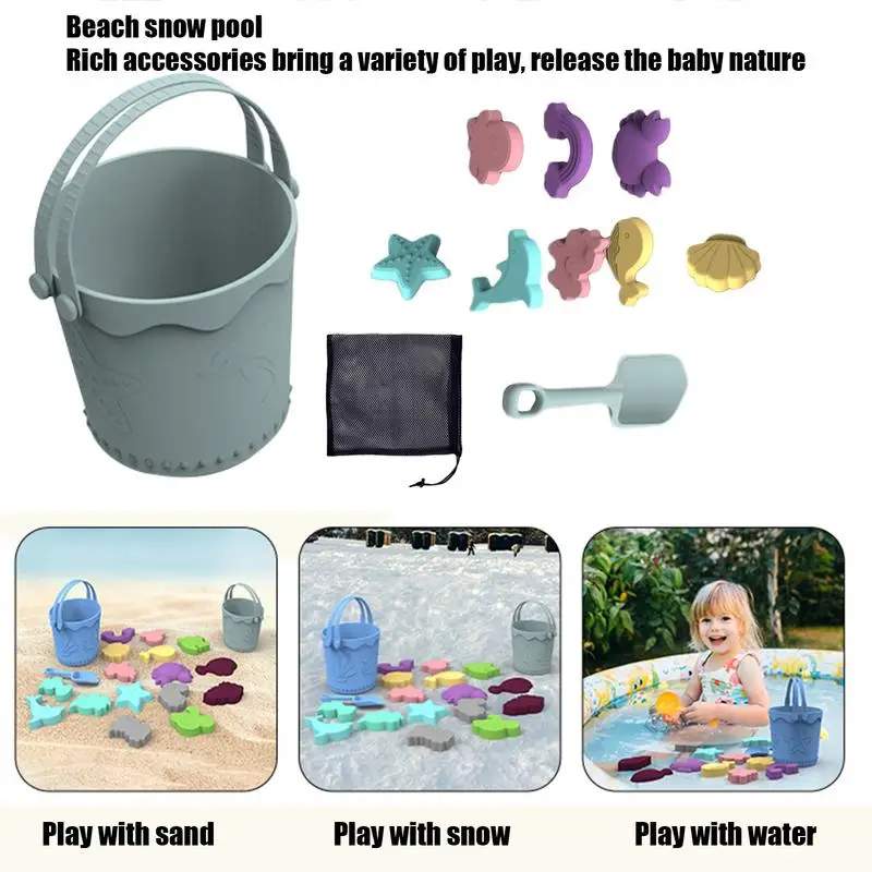 Conjunto de brinquedos de areia de silicone para crianças, brinquedos de praia ao ar livre, sandbox com saco de malha portátil