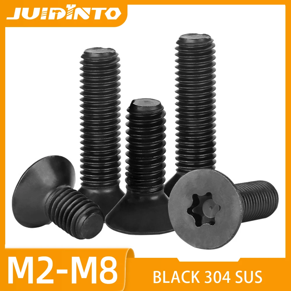 JUIDINTO 10-30pcs Black 304 Steel Stainless Torx Flat Head Machine Screws M2 M2.5 M3 M4 M5 M6 Star Drive Countersunk Head Screws