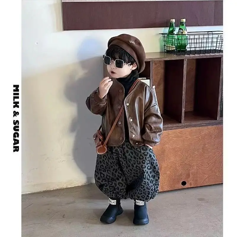 Boys' Sets PU Leahter Jacket High Collar Bottom Shirt Leopard Lantern Pants Three-piece Korean Fashion Street Handsome Suits