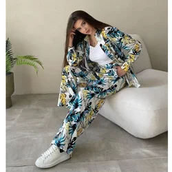 Women Tracksuit Two Pieces Set Long Sleeve shirts Turn Down Collar Single Breasted Print Pockets Wide Leg Pants High Street 2023