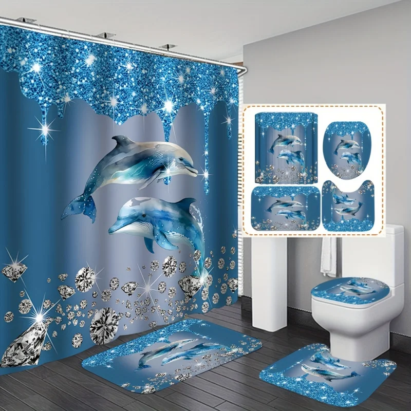 1/4PCs shining diamond dolphin printed set, waterproof shower curtain with hooks, non-slip rug, toilet U-shape Ma