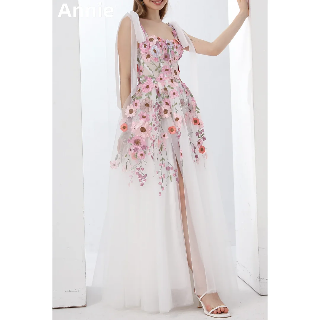 Annie Fairy Pink Prom Dresses Embroidery 3D Flowers Evening Dresses Spaletto Straps In A-line Tulle Side Slit Vestidos De Fiesta