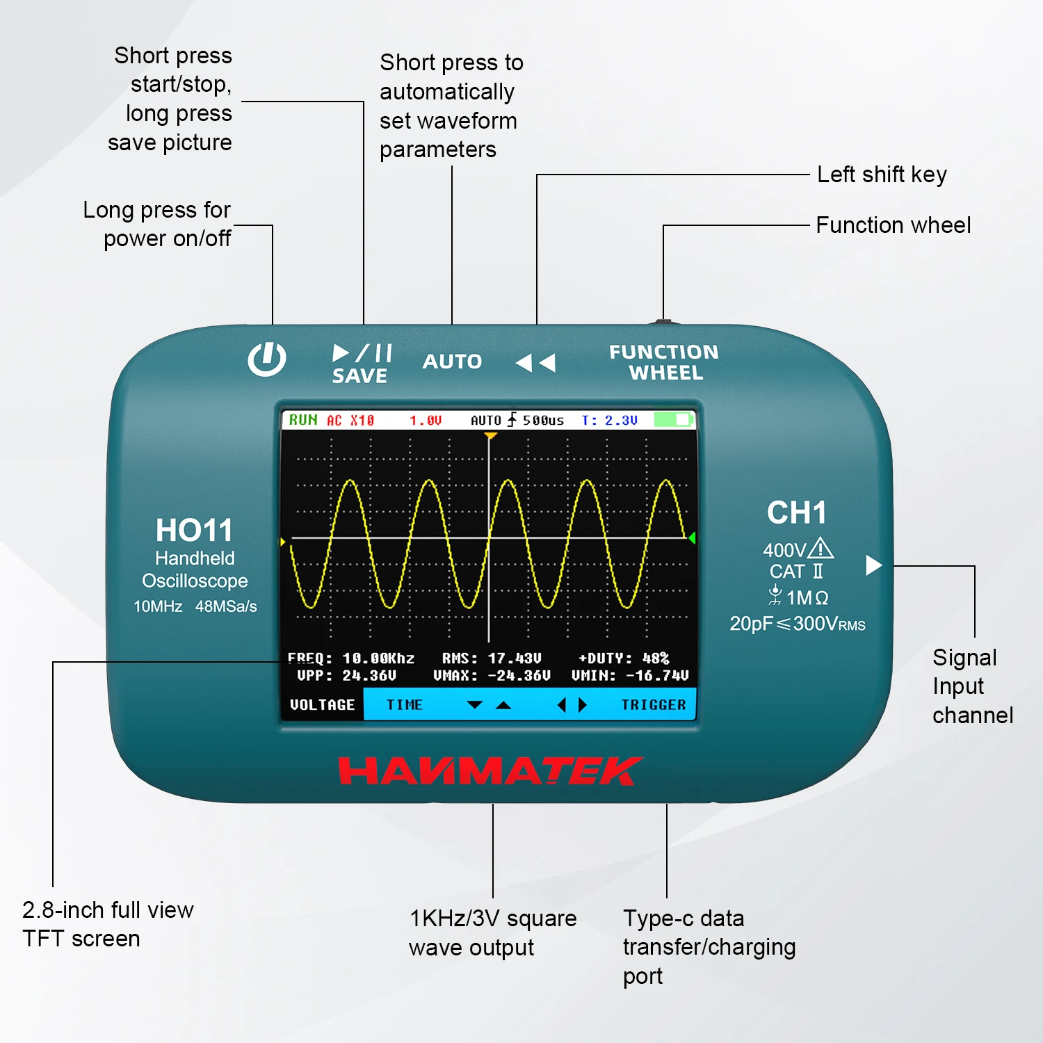 Hanmatek Digital Oscilloscope 10MhZ Bandwidth 48Sa/s Display Sampling Rate Mini Handheld Oscilloscope With 2.8-inch TFT Screen