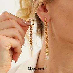 Freshwater Pearl Drop Earring for Women Fashion Trendy Gold Color Stainless Steel Chain Asymmetrical Hoop Earrings