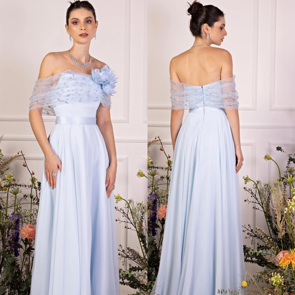 

Customized Exquisite Jersey Boat Neck Evening Dress Delicate Sweep Train Prom Dresses Luxury Flowers Special Occasion Gowns