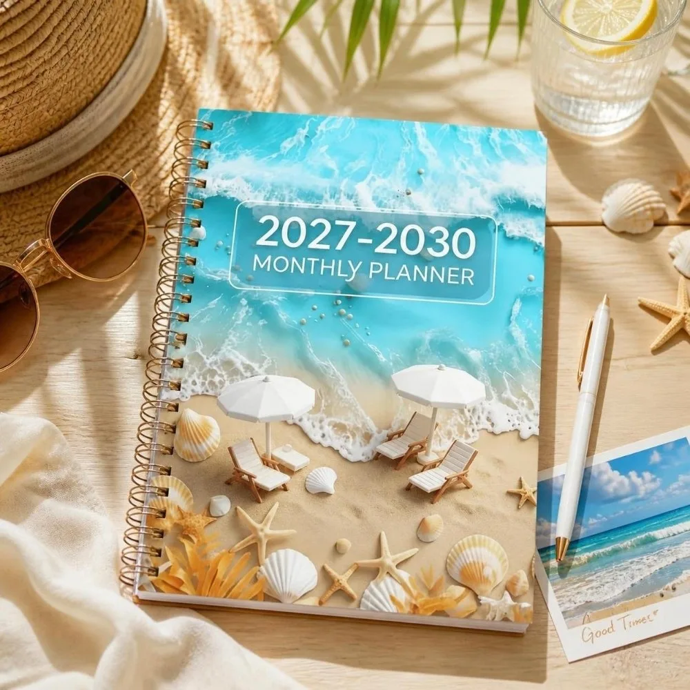 Beach Theme Cover 2027-2030 Monthly Calendar A5 Ocean Seashell Covered 4-Year Plan Book Spiral Bound Multi-Year Agenda Notepad