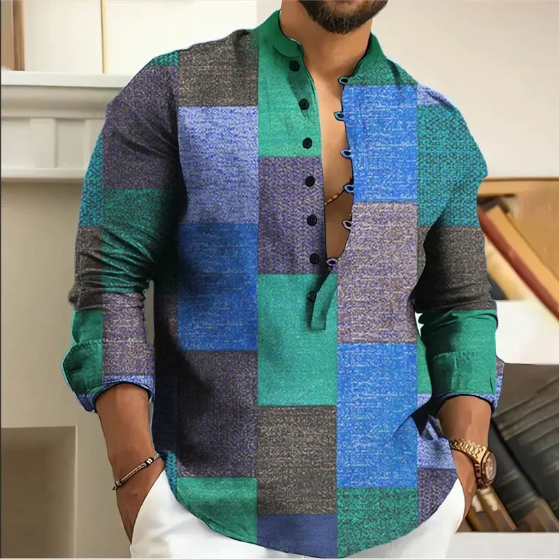 

Lightly cooked casual thin geometric figure shirt men cardigan youth popular stand collar Christmas Men's shirt Men clothing New