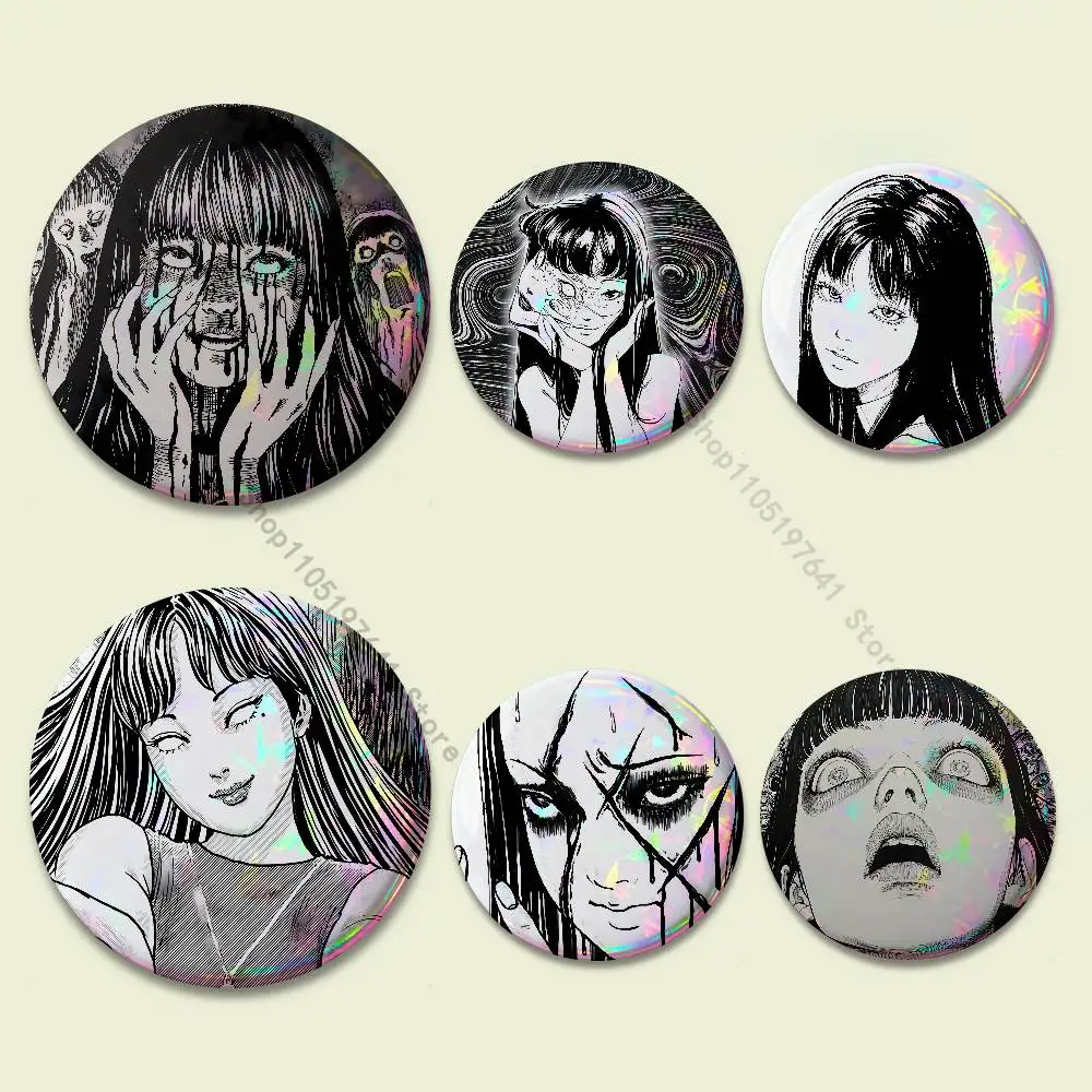 

Anime Junji Ito-I Tomie-T Laser reflective round badges pins bag clothing decorations collectibles gifts for friends