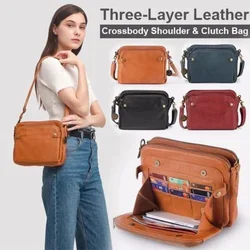 Three-Layer Leather Crossbody Shoulder and Clutch Bag Portable Triple PU Leather Slanting Shoulder Women's Zipper Crossbody Bags