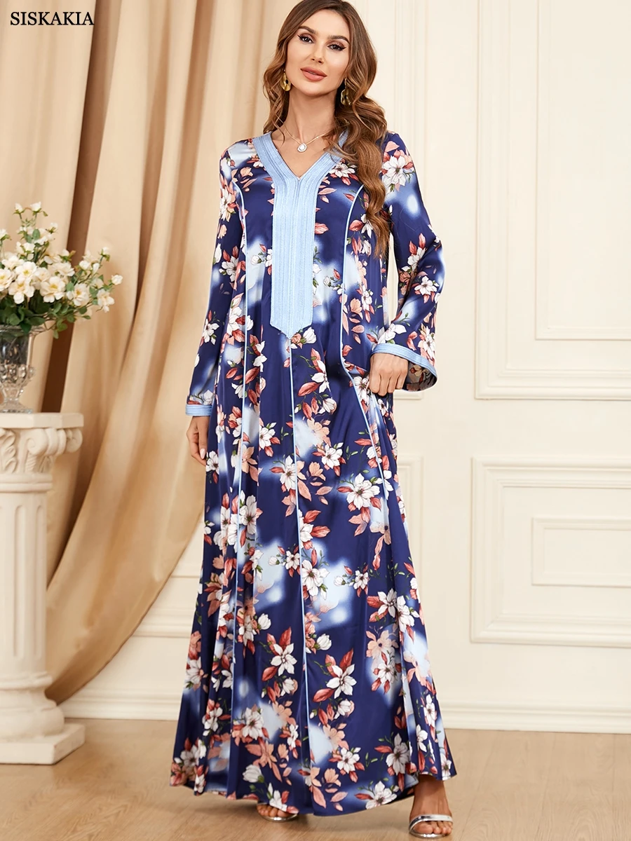 Modest Muslim Moroccan Jalabiya Dubai Arab Ethnic Floral Long Dress Loose Casual Islamic Women Clothing Corban Eid al Adha 2023