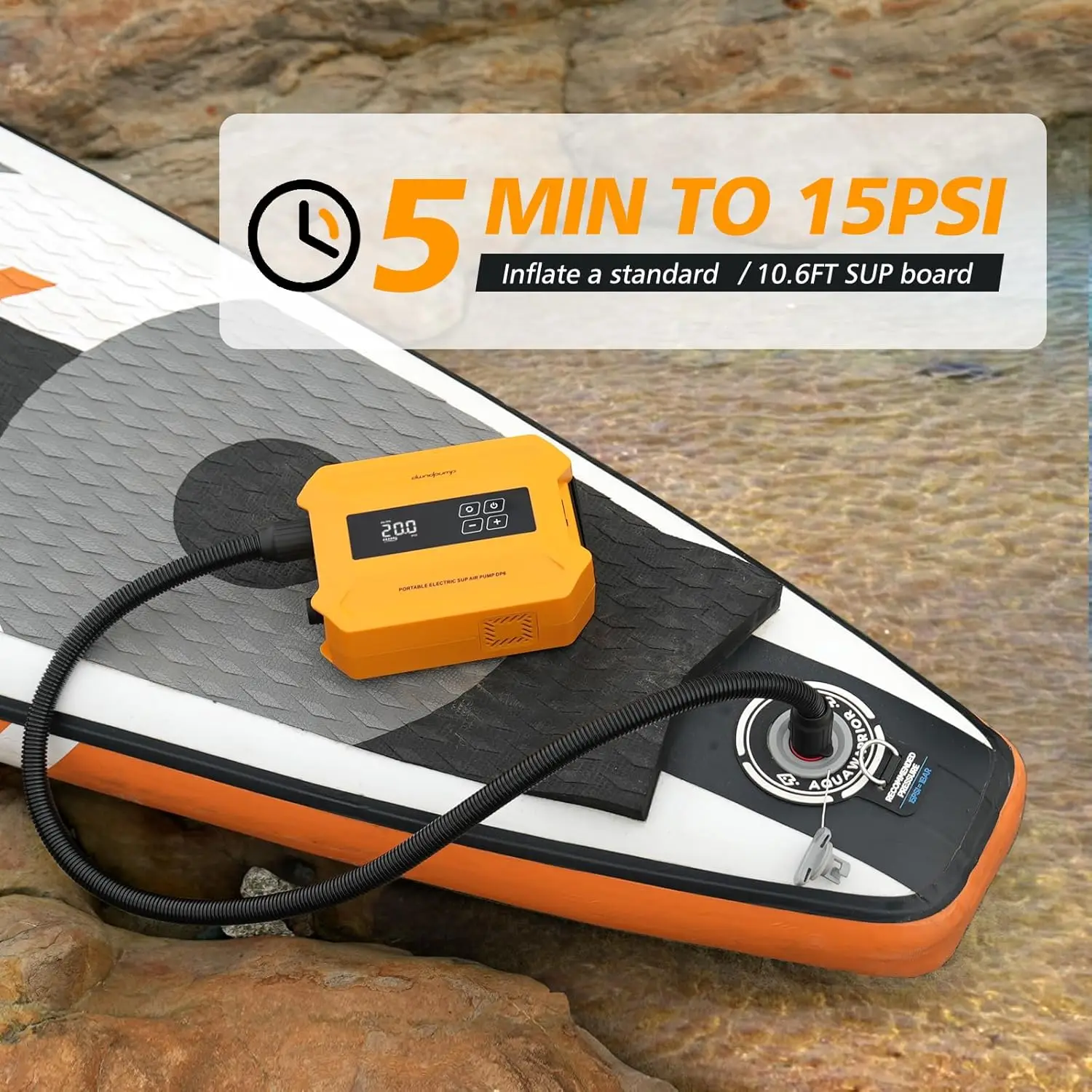 Electric Portable Paddle Board Pump – 20PSI High Pressure SUP Air Pump with Intelligent Dual-Stage Inflation & Deflation, Auto-Off, LED Display. Ideal for Paddleboards, Inflatable Boats, Tents.