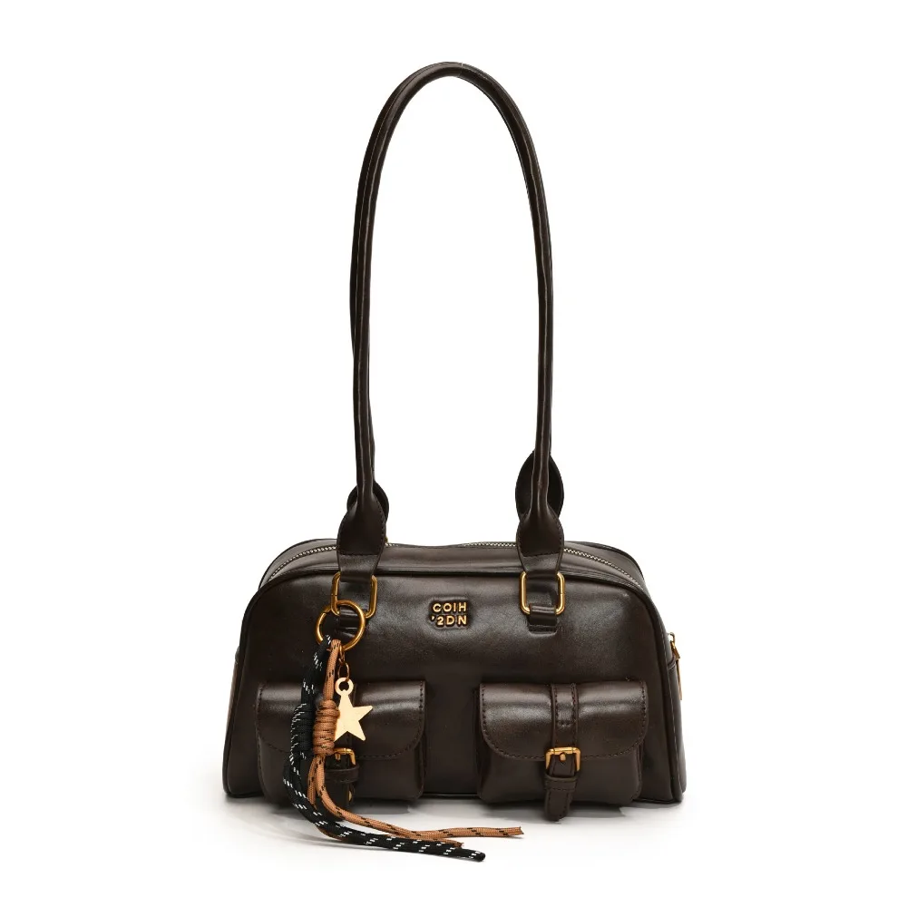 

Retro JK Leather Shoulder Bag PU Leather Handheld Bowling Bag Zipper Closure Multifunction Hobo Bag Outdoor