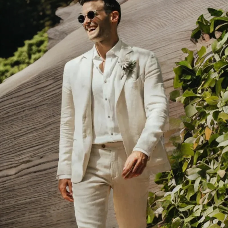 

Beige Linen Men Suits Slim Fit Summer Beach Wedding Tuxedo for Groomsmen Casual Male Fashion Blazer with Pants 2 Pieces 2024