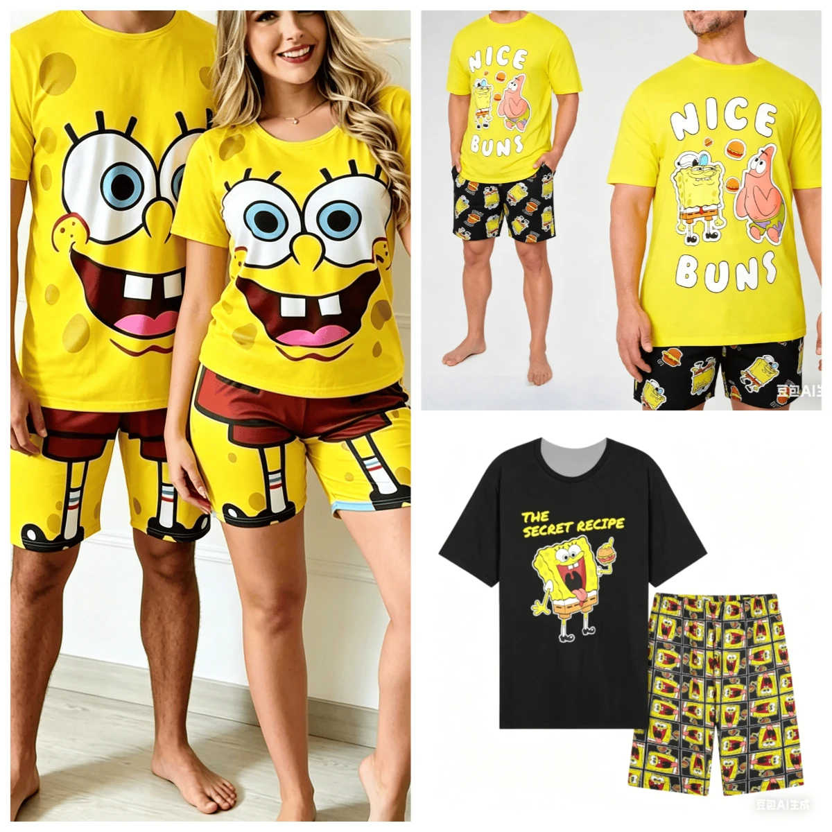 Funny and Cute SpongeBob Adult and Children 3D Printed Short-sleeve and Shorts Couple Style / Parent-child Casual Two-piece Set