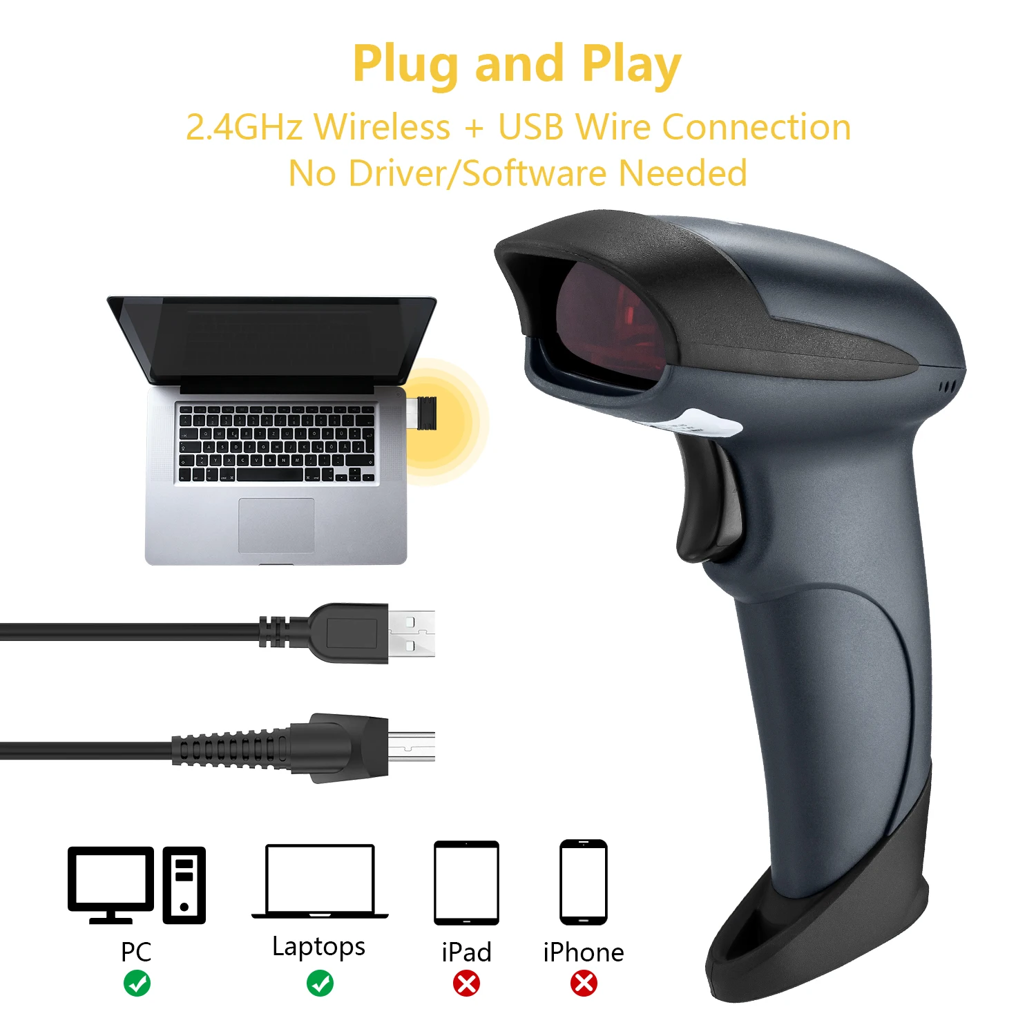 NETUM NT-M2 Portable Laser Wireless Barcode Scanner Reader USB 433MHz 256KB Flash Memory 3000 Bar Codes for Windows MAC