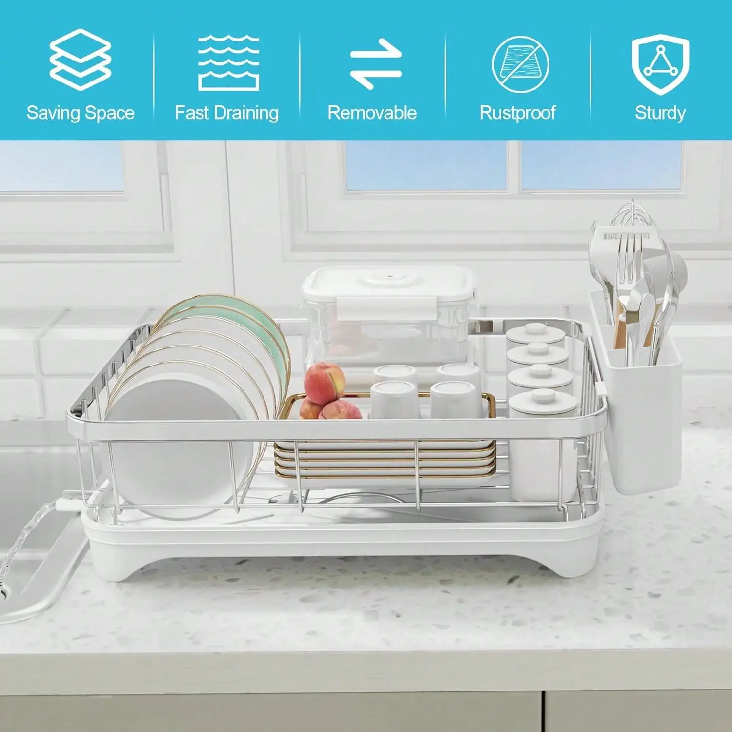 304 스테인리스 자동 배수 식기 건조대 배수판으로 공간 절약—그릇/컵/접시를 위한 대용량.
