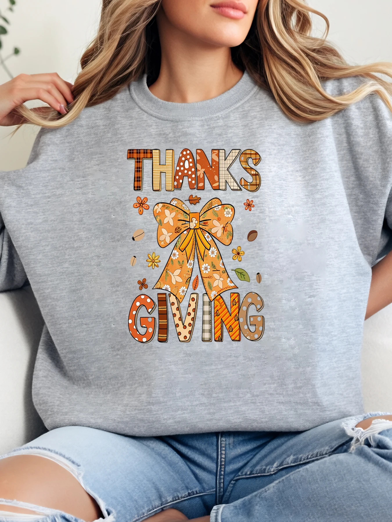 

Thanksgiving Patchwork Bow Print Sweatshirt Women Fall Festival Casual Wear Gray Plus-Size
