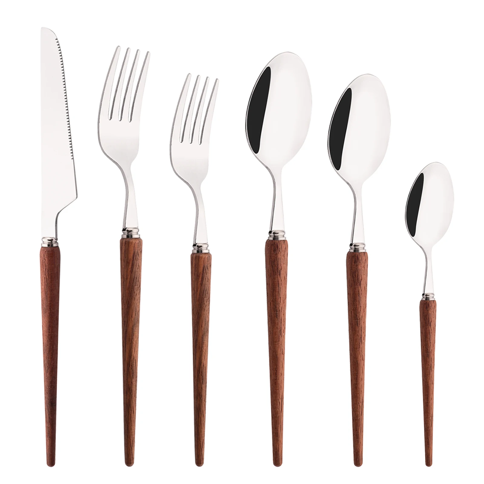 2/4/6Set Wooden Handle Cutlery Set Stainless Steel Dinnerware Dessert Fork Knife Coffee Spoon Tableware Set Western Flatware Set