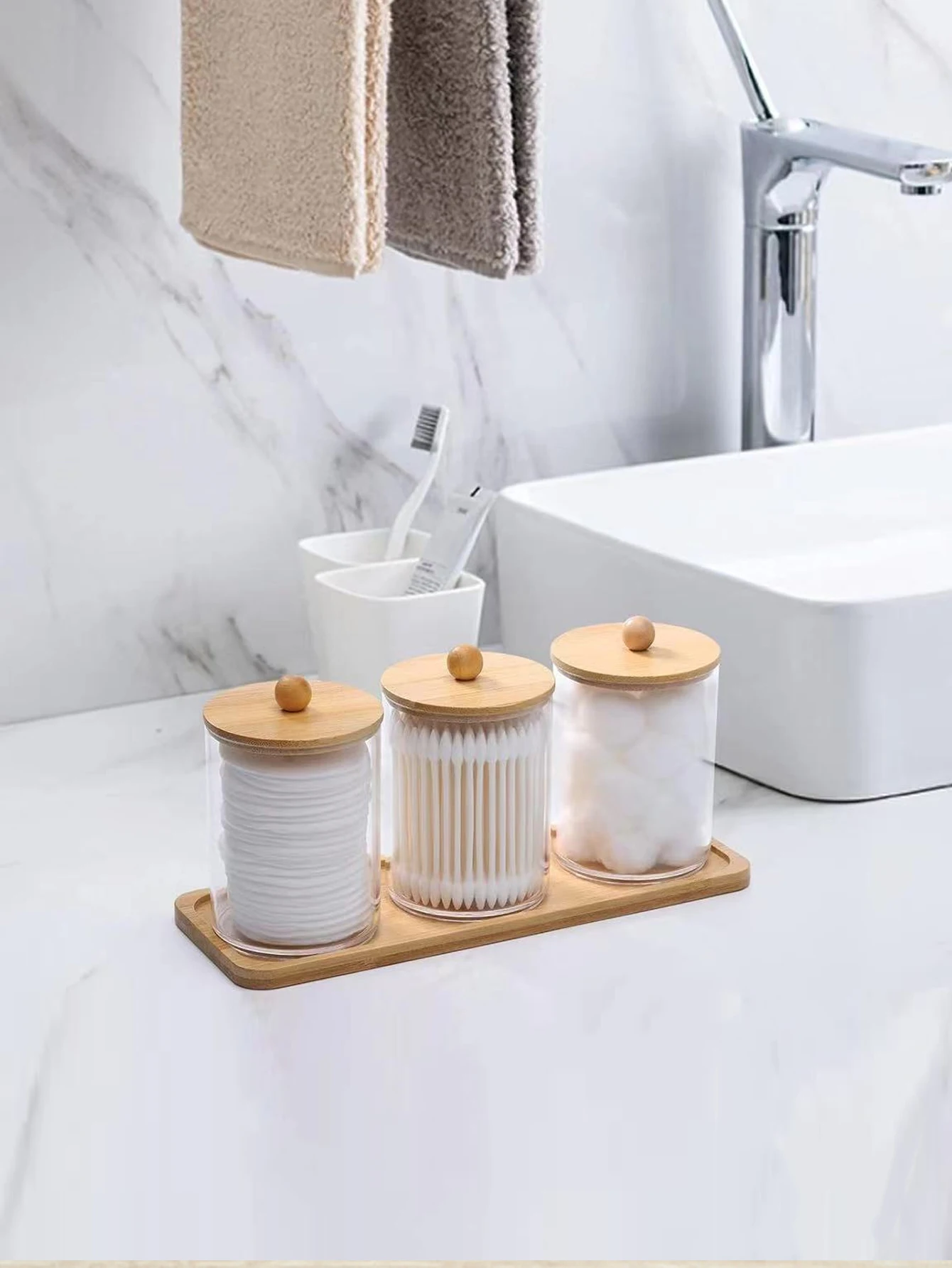 صندوق أعواد قطنية دائرية مع غطاء من الخيزران البلاستيكي الشفاف ومزيل المكياج المقاوم للغبار، تخزين مجوهرات بسيط