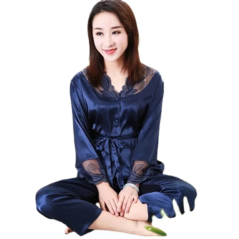 11011-B5 Women's Summer Two-piece Suit Pajamas Ice Silk Satin Thin Outwear Print Lace Pyjamas