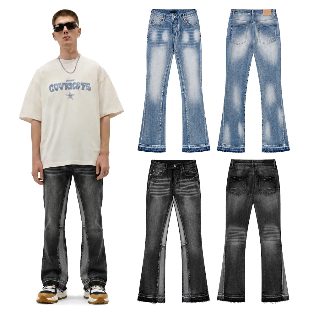 

Y2k Streetwear Baggy Flared Jeans with Patch Work Hip Hop Street Style Casual Cotton Vintage Distressed Baggy Flared Pants Men's