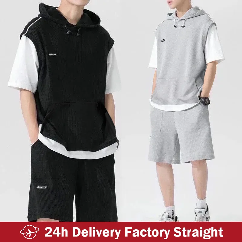 Summer Men\'s Large Size Sports Suit Breathable Casual Wear Wild High Street Chic Fake Two-piece Casual T-shirt + Simple Shorts