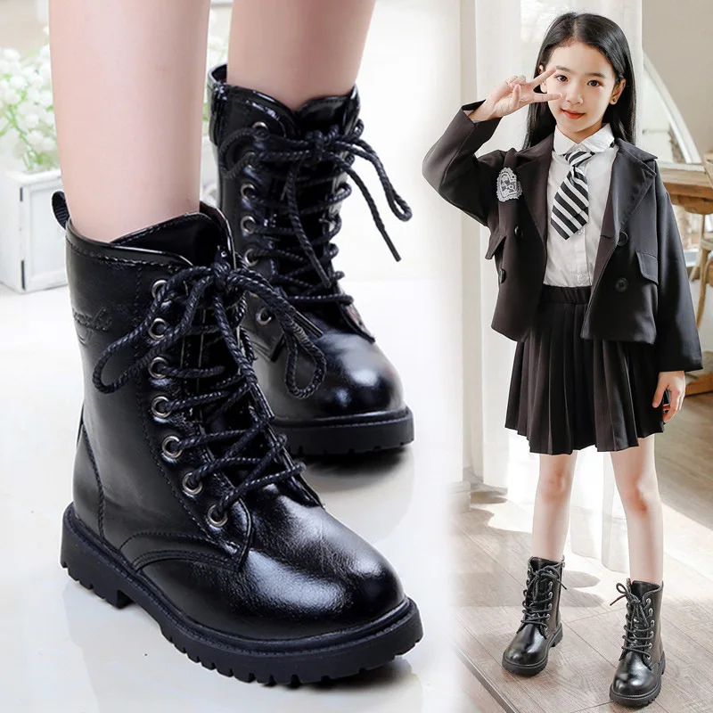 Kids Casual Boots Black Side Zipper Girls Short Boots Round Toes 2026 Brand New Children Leather Boots Soft Bottom Non-slip