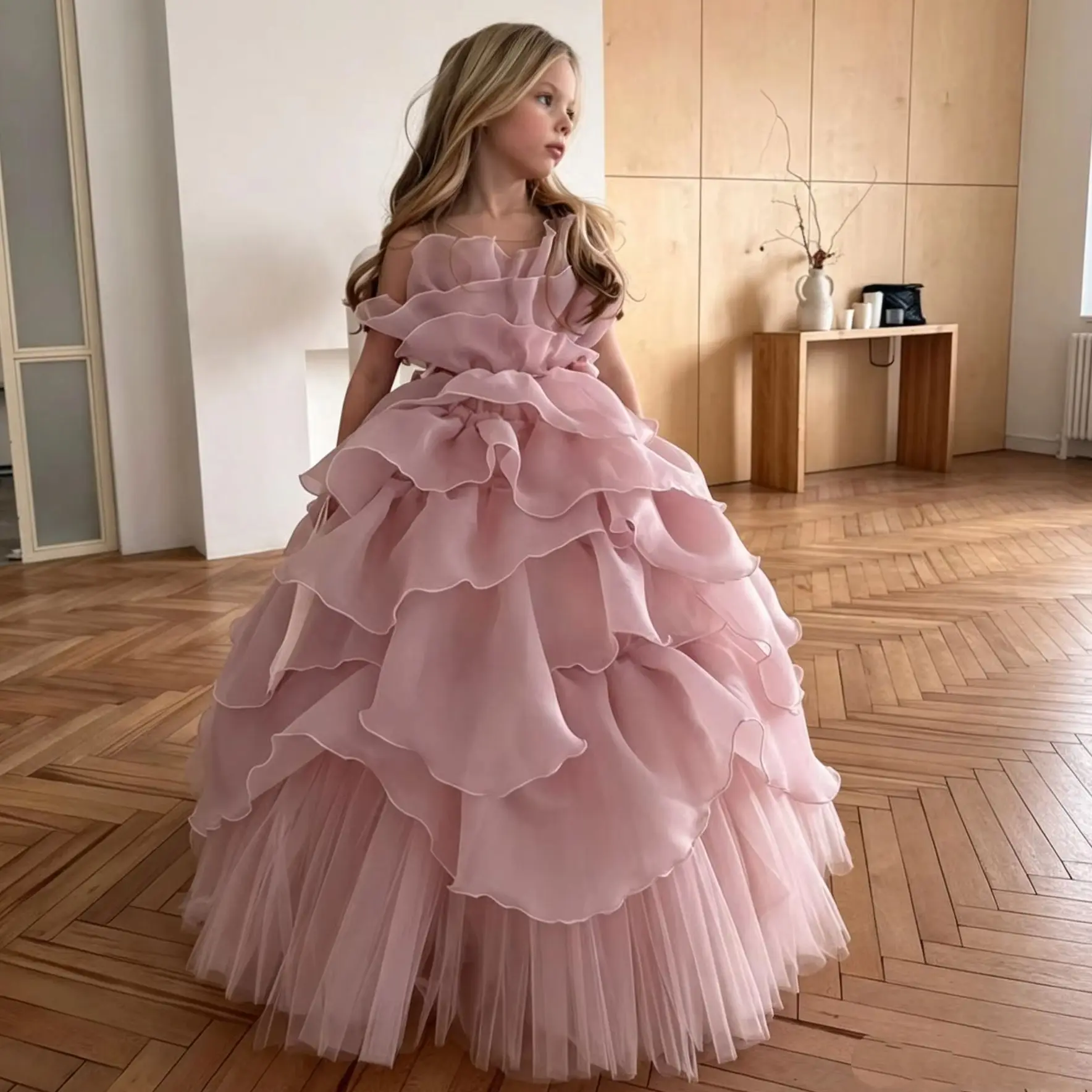 Ruffle Dusty Pink Tulle Flower Girls Birthday Dresses Wedding Party Dress for Kids Prom Gowns Customized
