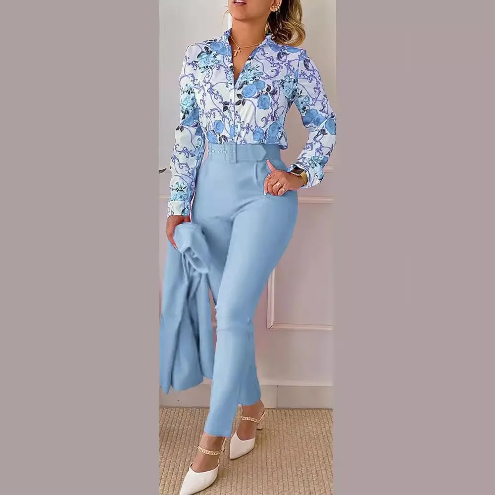 Completi da donna eleganti stampati in due pezzi primavera autunno con scollo a V camicia a maniche lunghe Top e pantaloni lunghi con cintura abiti