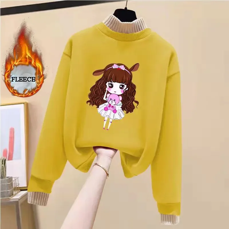 Girls Winter Sweatshirt Thicken Fleece Pullover Tops Fashion Kids Casual Outerwear Teen Lovely Print Underwear Children Clothes