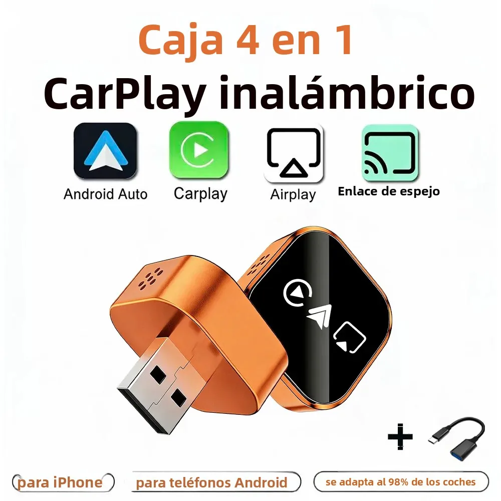 Adaptador Inalámbrico Carplay 4 en 1 Actualizado 2026, Mini Compacto, Plug and Play, WiFi de Doble Banda, Compatible con Apple y Android Auto