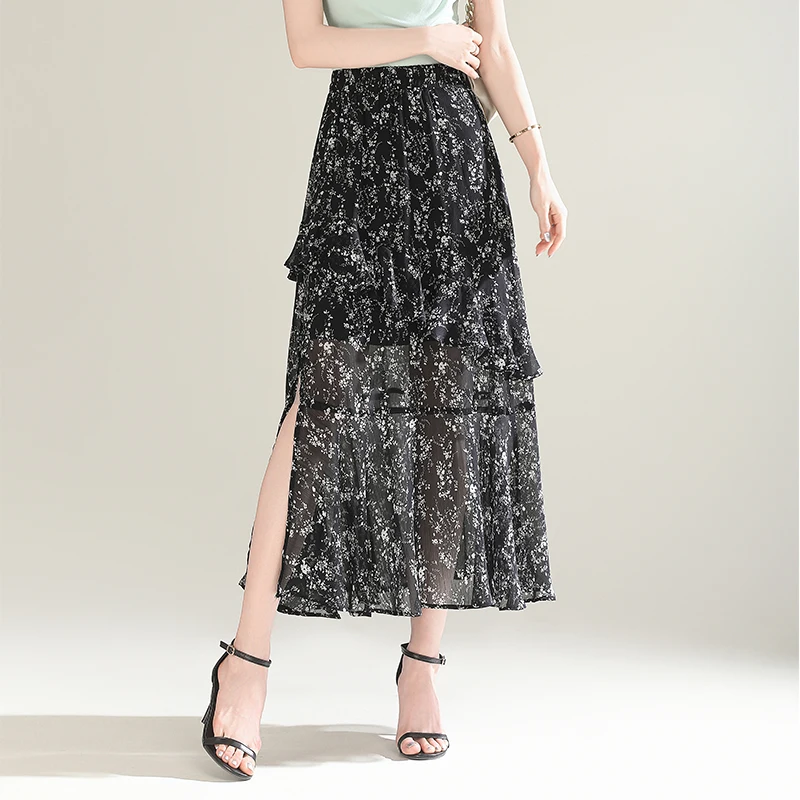 

High Waist A-Line Skirt Floral Print Asymmetrical Hem Chiffon Long Skirt f Body Summer New Sle Korean Sle Midi Skirt