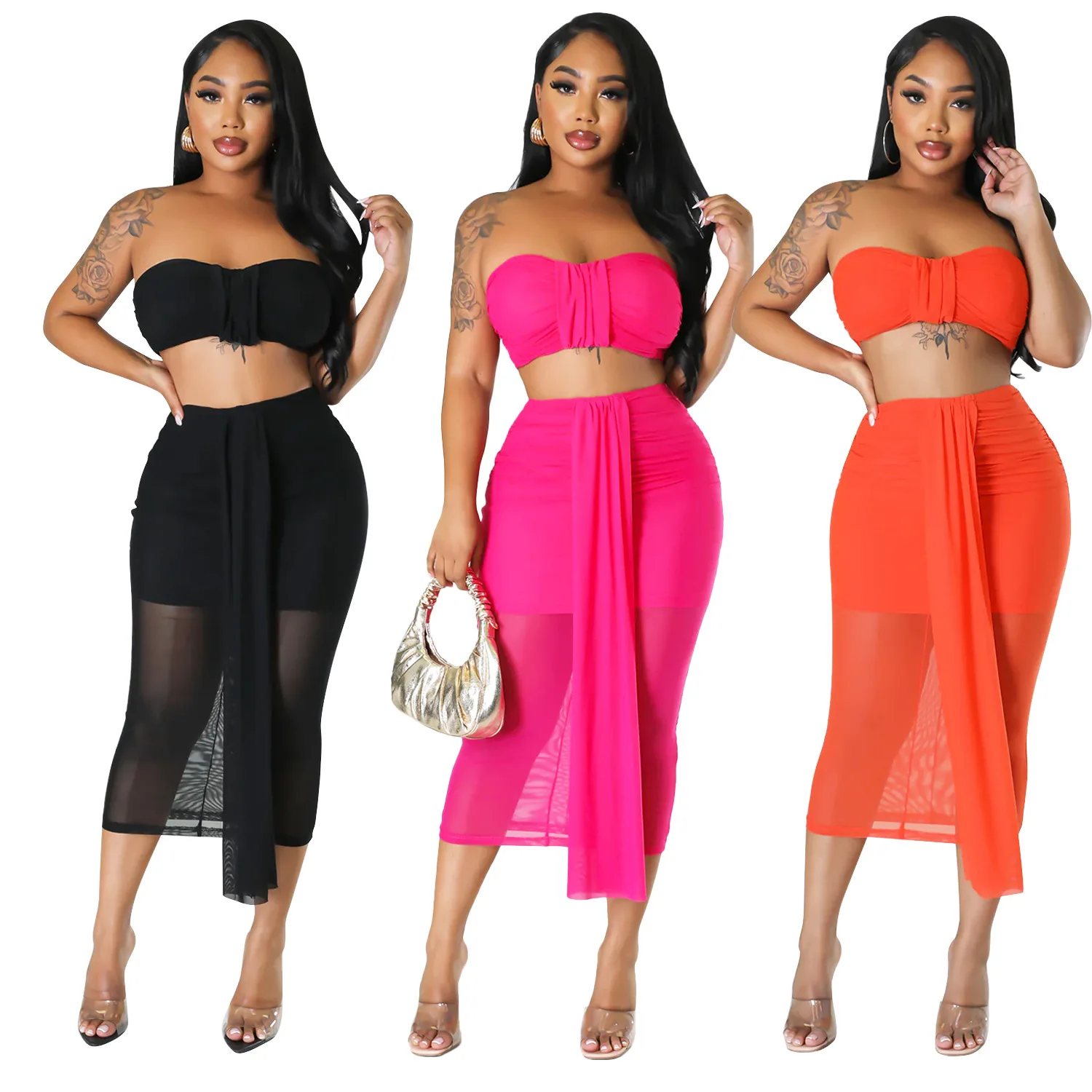 EINYOO New Women's Sexy Mesh Sheer Bodycon Evening Party Wrap Chest Club Midi Dress Two Piece Set Zevity Traf Y2K