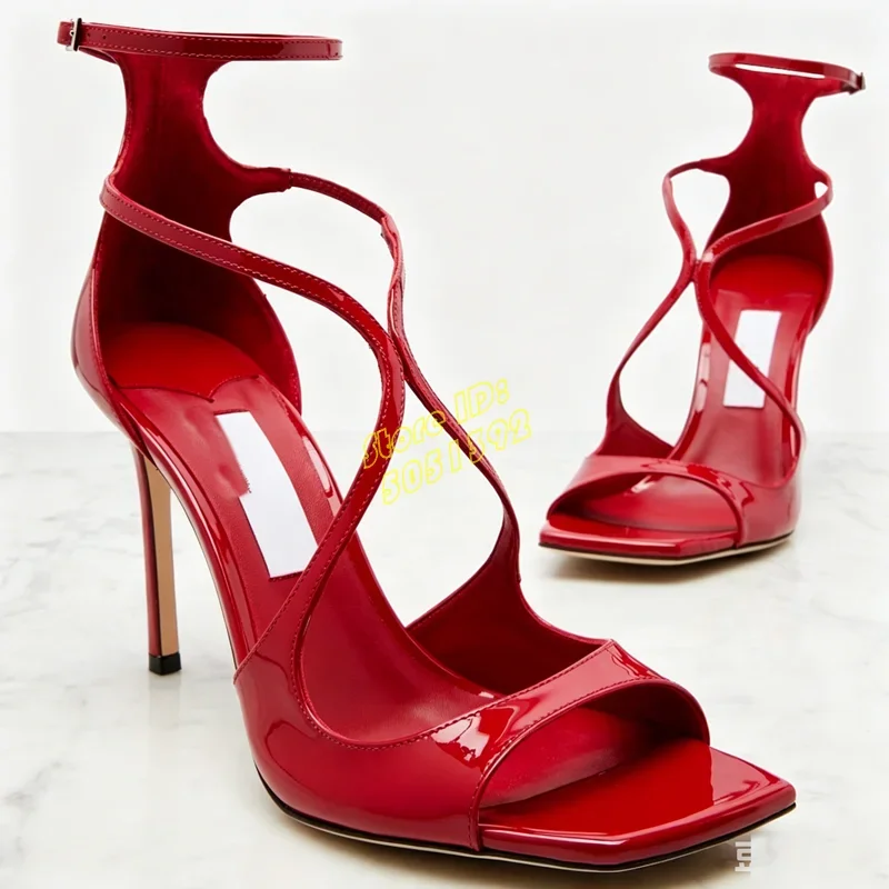 Sandalias de Tacón Alto de Charol Rojo Brillante con Punta Cuadrada, Tira Cruzada y Correa de Tobillo con Hebilla, Hechas a Mano, Colección Pasarela 2026, Zapatos de Verano y Primavera