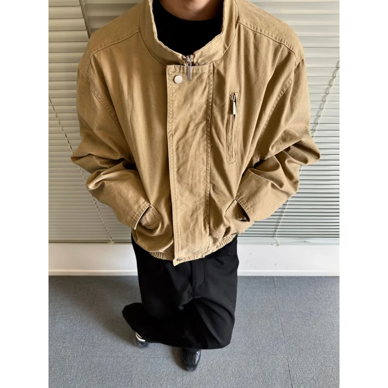 

MADEEXTREME Spring American Retro Men's Stand Collar Flight Jacket Short Wide Boxy Workwear Washed Coat