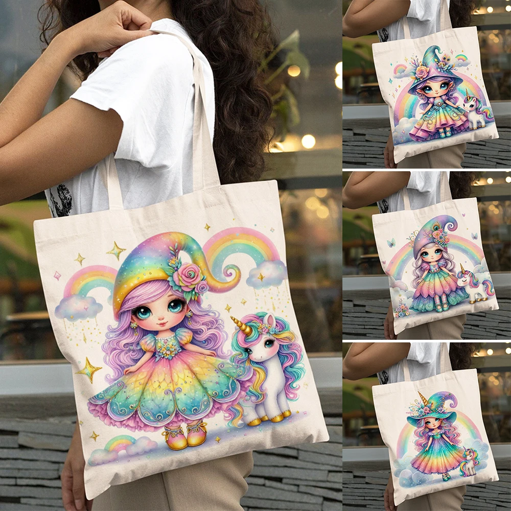 

Cartoon Rainbow Girl Unicorn Shopping Bags Double Print Large Capacity Casual Women Shopper Bag Lady Tote Shoulder Child Handbag