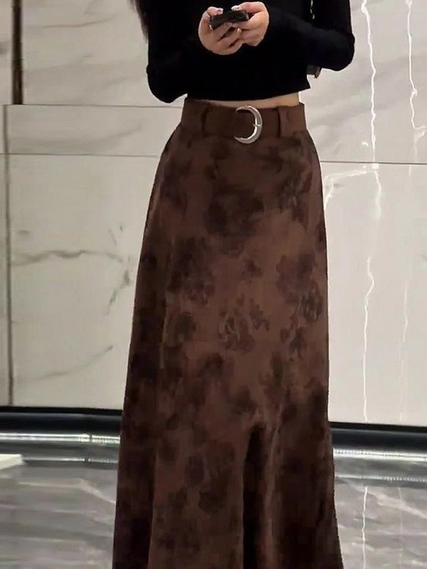 Elegant Floral Print Coffee Half-length Skirt Women's Stylish Hip Concealing Slimming Long Skirt Autumn Winter New Arrival