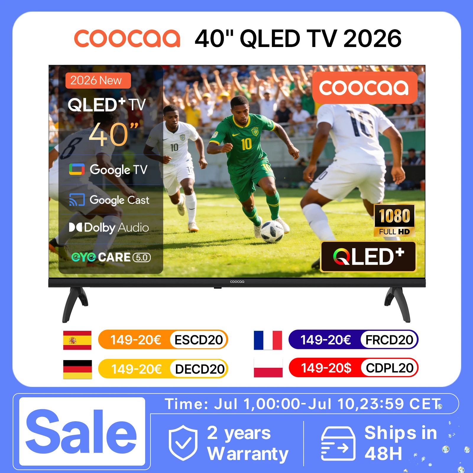 Coocaa TV QLED 40'', TV Full HD (1080p), Google TV Smart TV (Nuevo 2026), HDR 10, Audio Dolby, Bluetooth 5.1, EyeCare