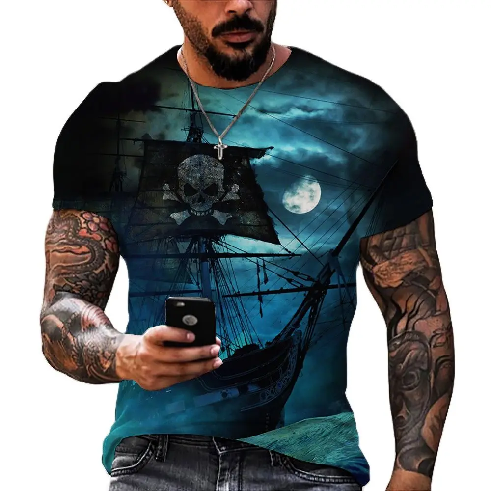 Vintage Men\'s T-shirts 3D Ship Print Short Sleeve Pirate Ship T Shirt For Men Clothing Oversized Tee Shirt Men Camiseta Hombre