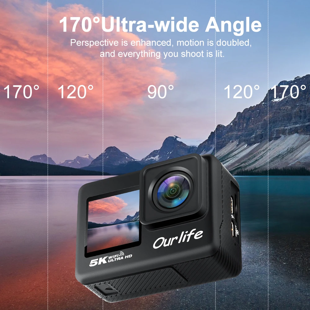 كاميرا Ourlife 5K30FPS Action مقاس 2.0 بوصة تعمل باللمس LCD 170 °   كاميرا رياضية DVR 30M مقاومة للماء وجهاز تحكم عن بعد 5X Zoom Helmet WiFi 4K60FPS