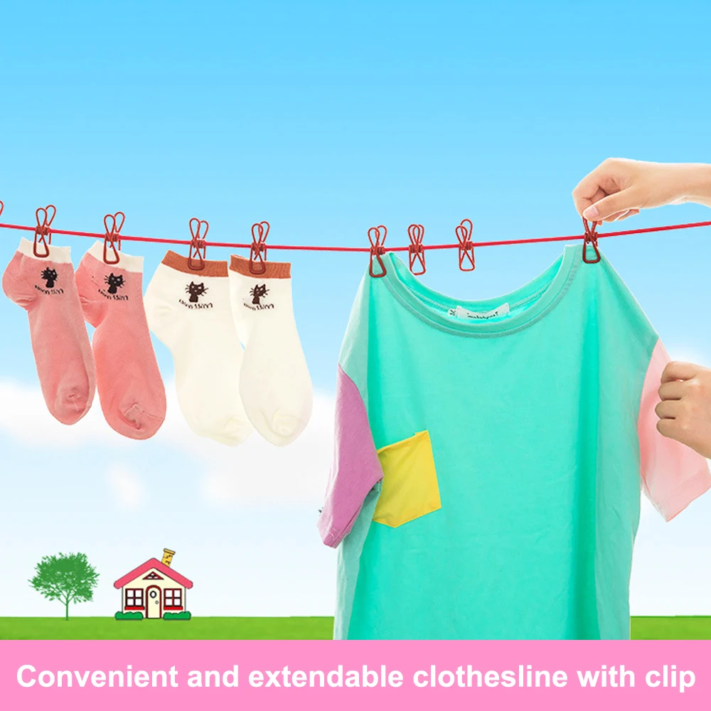 Creative Color 12 Clip Clothesline With Stretchable Windproof Elastic Rope For Travel Portable Clothesline And Quilt Drying Rope