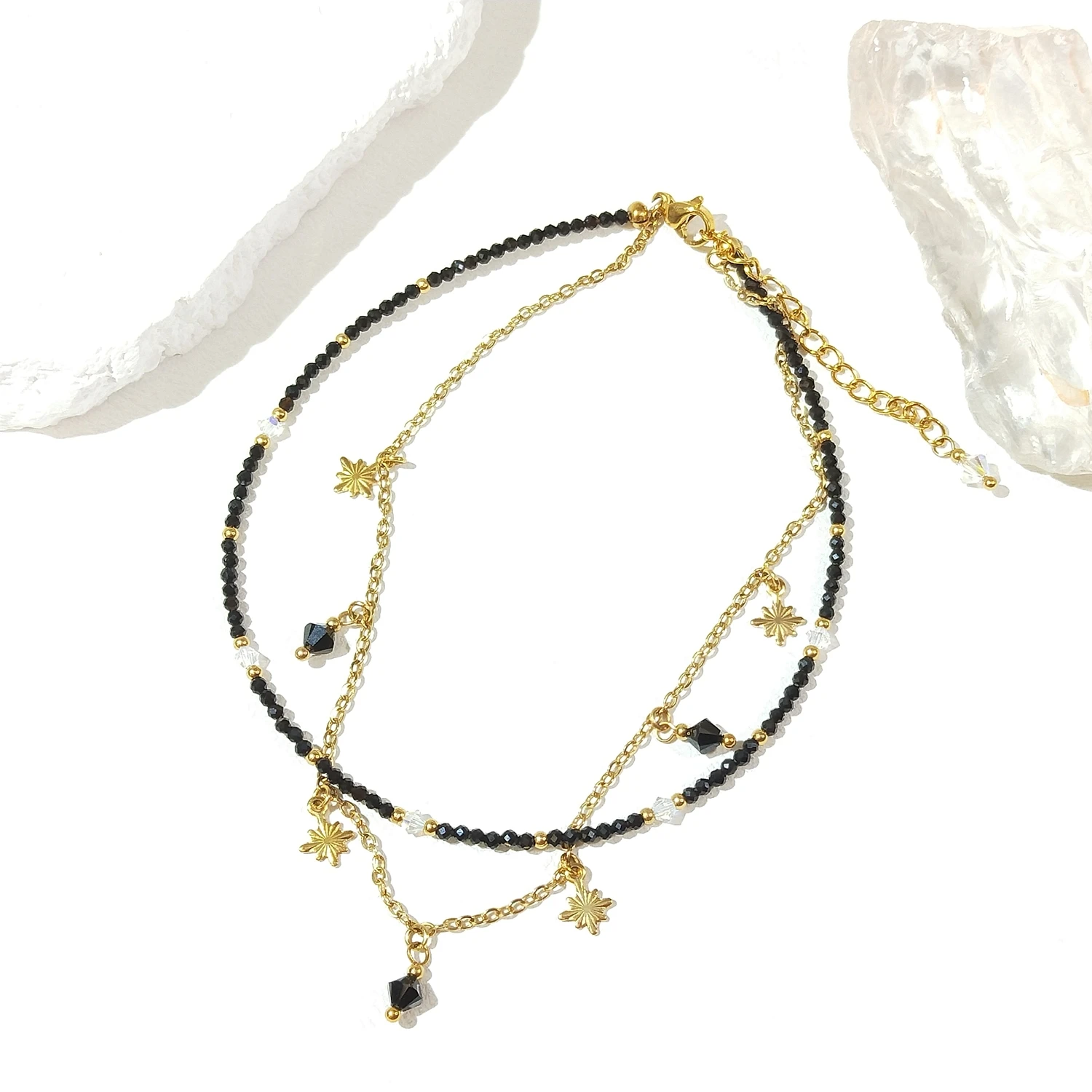 Lii Ji Black Agate 2mm Facted Beaded Anklet 24+4cm Handmade Bohe Fashion Jewelry For Female