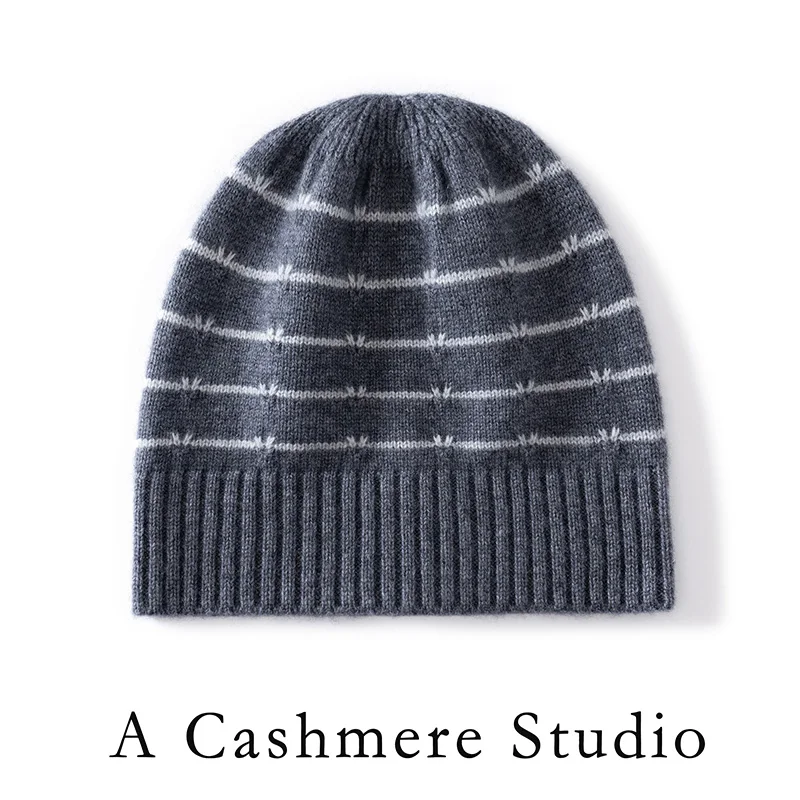High-Quality 100% Cashmere Striped Bean Hats For Men and Women New Knitted Soft Hats in Winter Regardless Of Gender Casual Hats