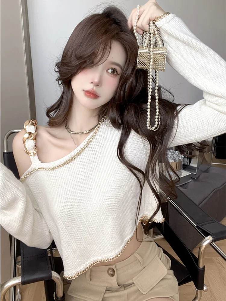 Patchwork Chain Slim Sexy Solid Knitted Pullover Women Square Collar Long Sleeve Tops Female Style 2023 New