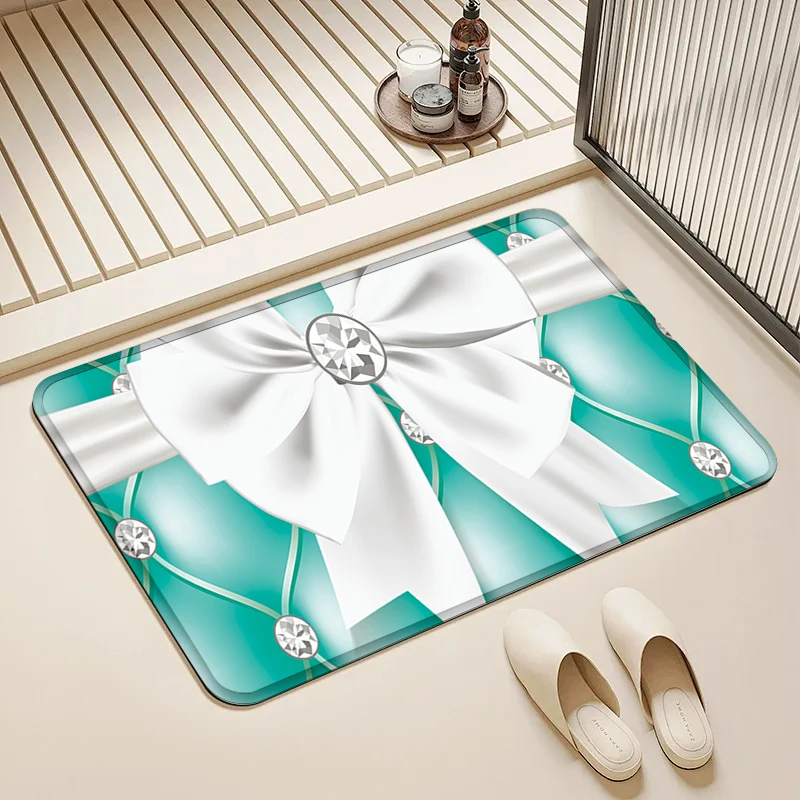 

Turquoise White Bow Diamond Doormat Non-Slip Floor Mat Home Entrance Door Rug Luxury Style Decor Kitchen Bathroom